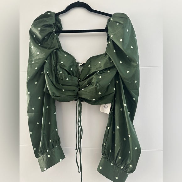 O.Vianca green & white polka dot puff shoulder long sleeve crop top formal NWT M - Picture 9 of 12